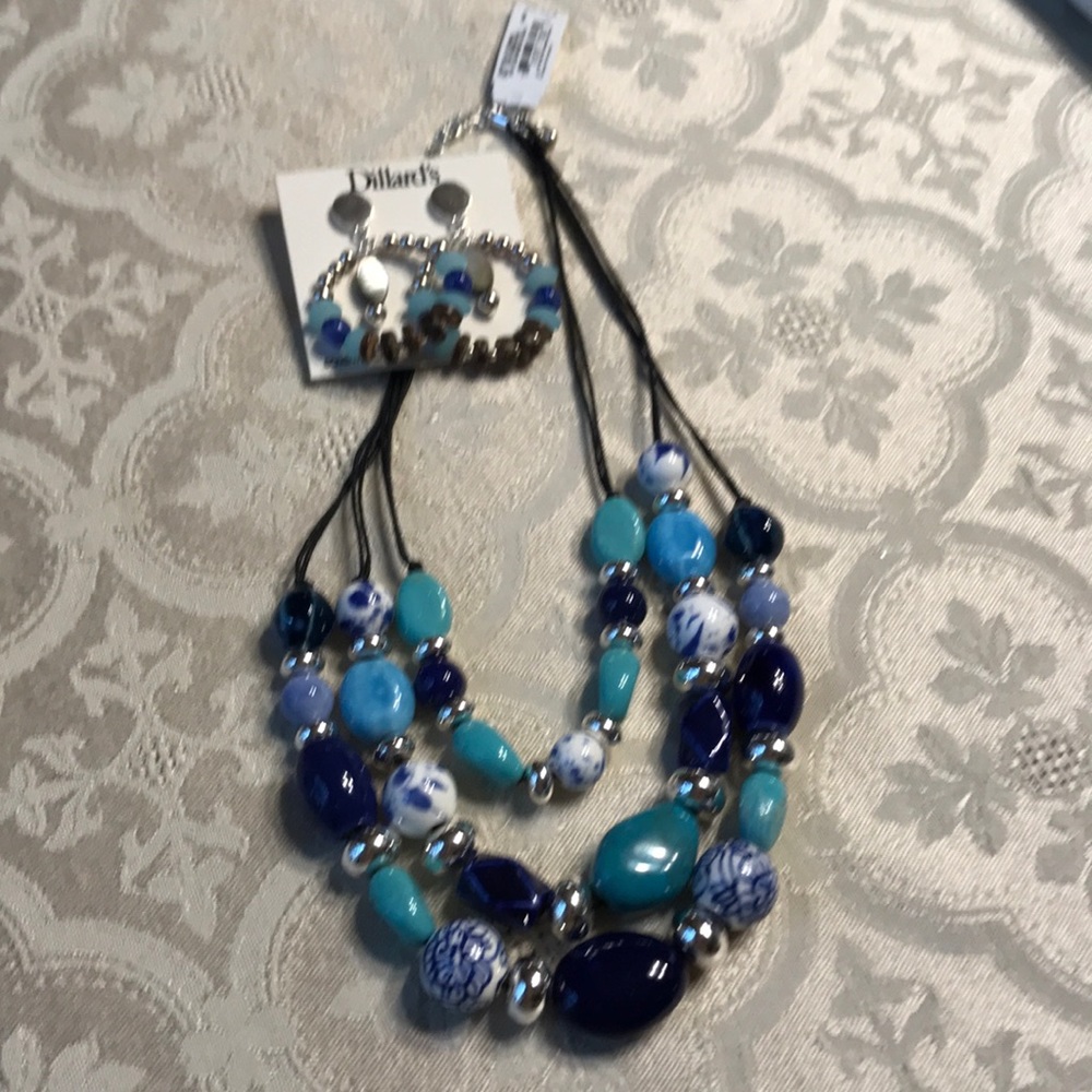 Beaded 3 strand necklace and earrings in blues NWT